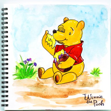 Winnie the Pooh bal yiyor (suluboya ile çizilmiş bir karikatür el). Çizim defterindeki komik bir oyuncak ayı..