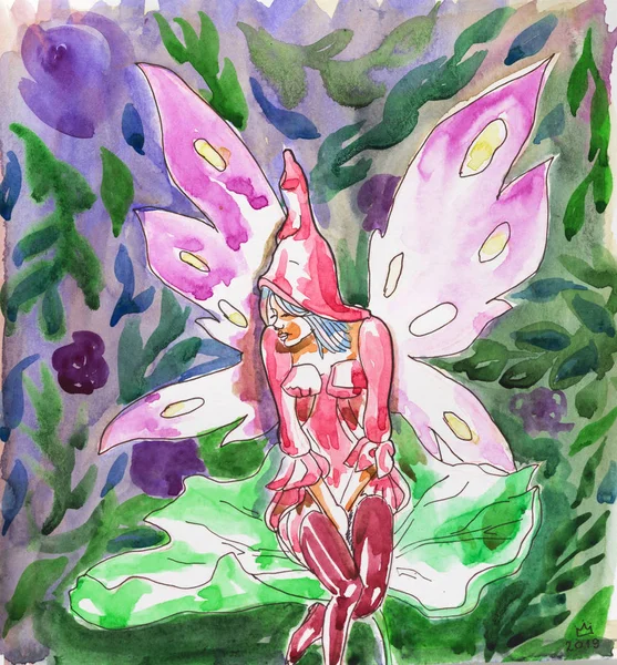 Hand drawn watercolor fairy with pink butterfly wings sitting on a leaf in a magical forest.