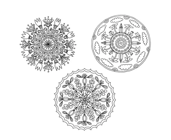 Mandala set (tulips and dendelions, surfboards and palmtrees, oak leaves and thistle). Hand drawn mandala pattern isolated on white background for coloring book (antistress)