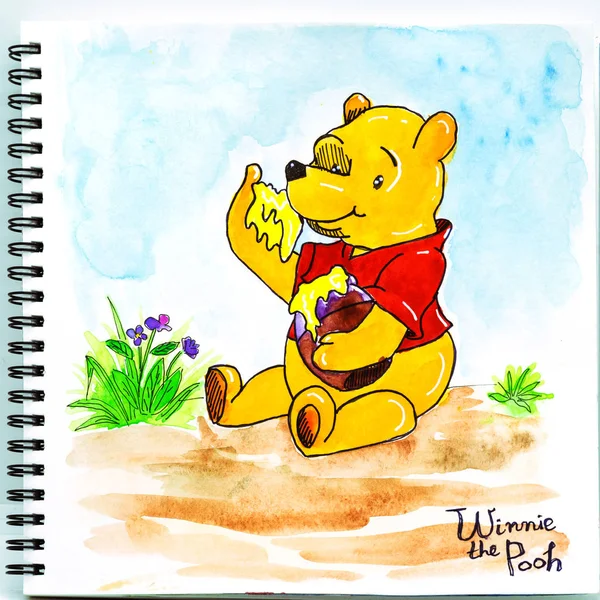 Winnie the Pooh bal yiyor (suluboya ile çizilmiş bir karikatür el). Çizim defterindeki komik bir oyuncak ayı..