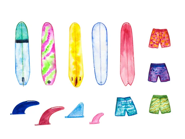 Hand Drawn Watercolor Longboards Malibu Surf Board Shorts Fins Surfing — 스톡 사진