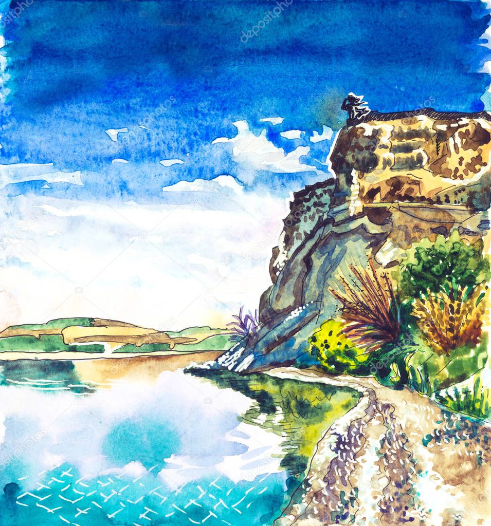 Hand drawn watercolor sketch of a rock above water with a female figure standing on top. 