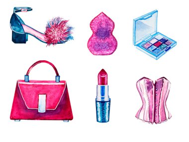 Kadınlar için izole suluboya aksesuarlar: kürklü ayakkabı, sünger, göz farı paleti, çanta, ruj, beyaz arka planda korse. Bayanlar için el yapımı moda eşyalar