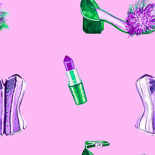 Accesorios Femeninos Verdes Morados Lápiz Labial Corsé Zapato Acuarela Dibujada — Foto de Stock