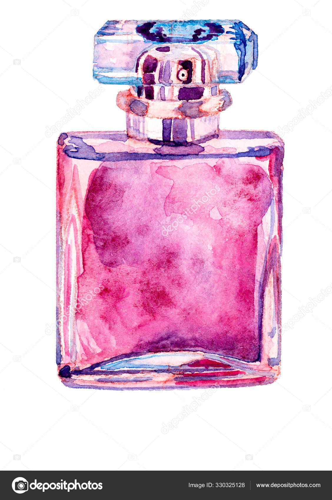 Hand Drawn Watercolor Bottle Perfume Painted Pink Blue Tones Stock