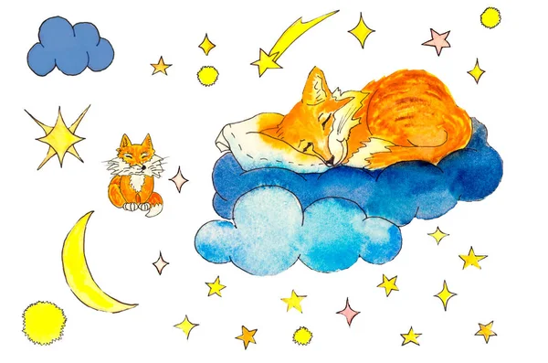 Uma Raposa Engraçada Dormindo Uma Nuvem Cercada Por Estrelas Lua — Fotografia de Stock
