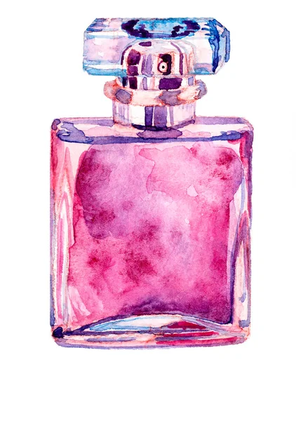 Botella Acuarela Dibujada Mano Perfume Pintado Tonos Rosa Azul —  Fotos de Stock