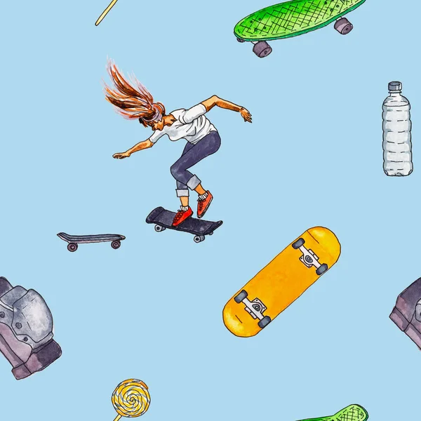 Dívka Skákání Skateboardu Lízátko Láhev Vody Křižník Palubě Koleno Podložka — Stock fotografie