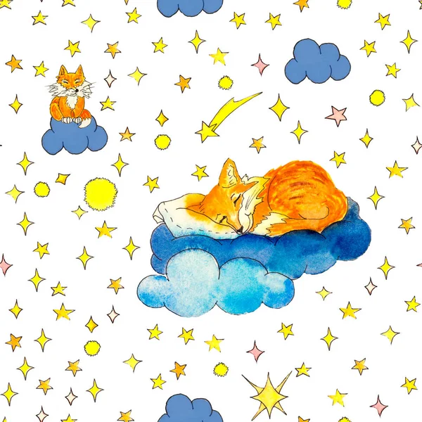 Cute Sleeping Foxes Clouds Stars Isolated Watercolor Seamless Pattern White — 스톡 사진