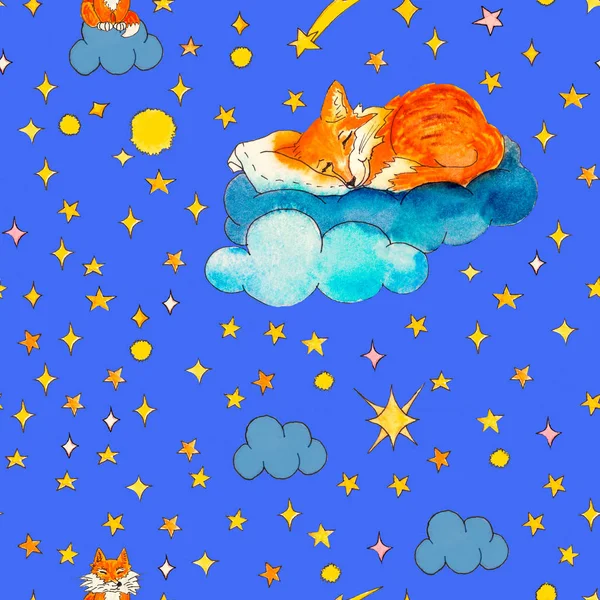 Sleeping fox on a cloud in the blue sky. Seamless pattern hand drawn with watercolor