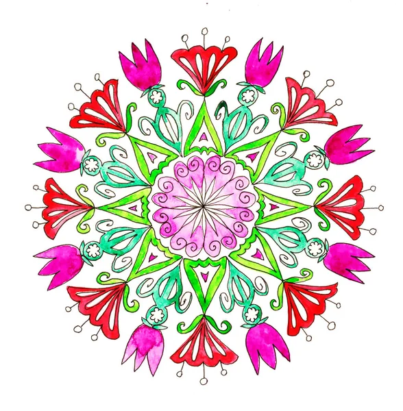 Hand Drawn Watercolourfloral Mandala Isolated Sketch Flowers Bloom White Background — Stock Photo, Image