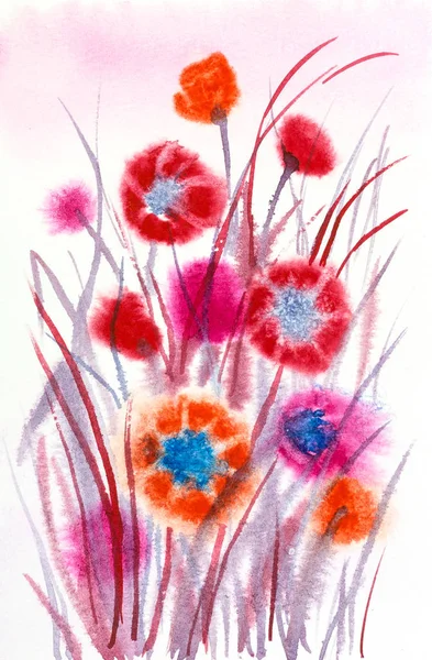 Fényes Lágy Mákok Réten Kézzel Festett Akvarell Piros Rózsaszín Mák — Stock Fotó