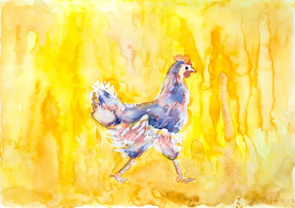 黄色の背景にかわいいと面白い水彩画 夏の光の中で鶏 — ストック写真