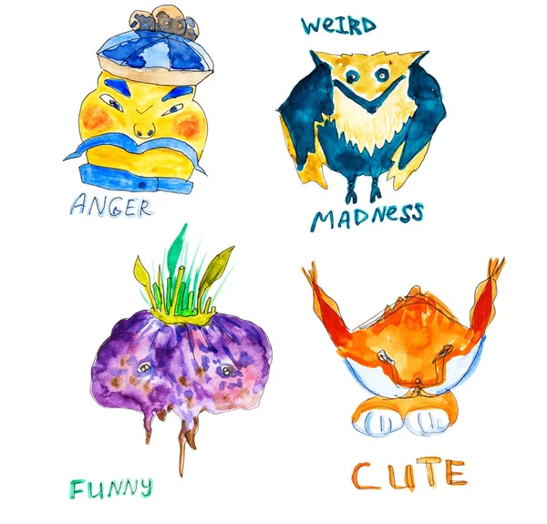 Cute and weird watercolor monsters and fantasy creatures, showing emotions. Isolated doodle of animals and monsters on white background