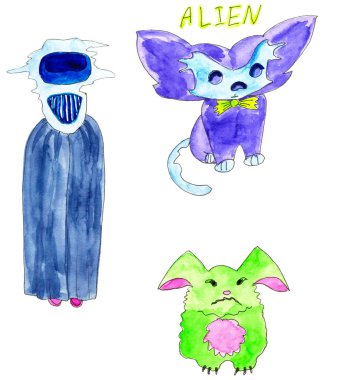 Uzaylılar. El yapımı suluboya canavarlar. Beyaz arka planda izole edilmiş garip yaratıkların karalamaları..