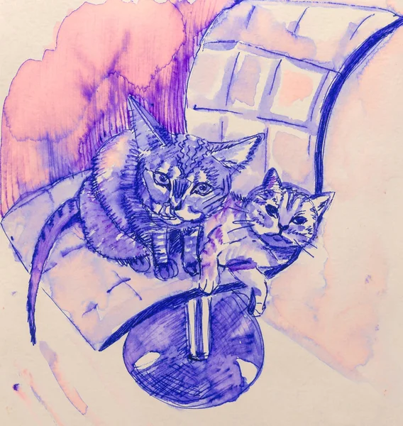 Hand drawn ink sketch of cute cats in an armchair