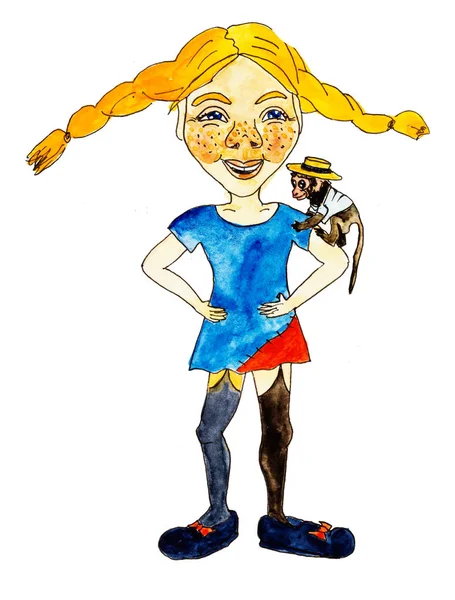 Beyaz arka planda izole edilmiş Pippi Longstocking. Çocuk tasarımı için el çizimi suluboya kitap karakteri.