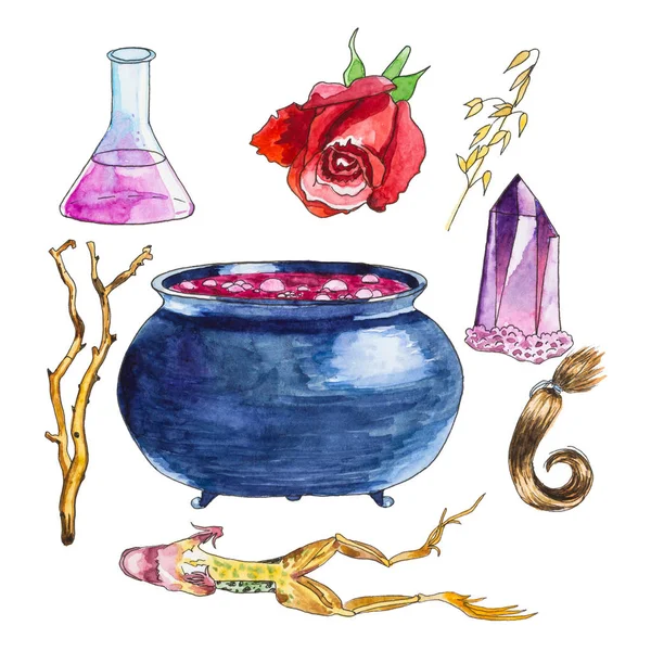 Hand Drawn Watercolor Cauldron Love Potion Ingredients Isolated White Background — Stockfoto