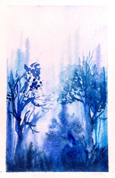 朝の霧の中で密な森 手描きの水彩の森 湿式技術で湿式 — ストック写真