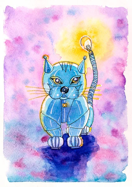 A cute robot cat. Hand drawn watercolor cyber pet with a lamp bulb in his tail.