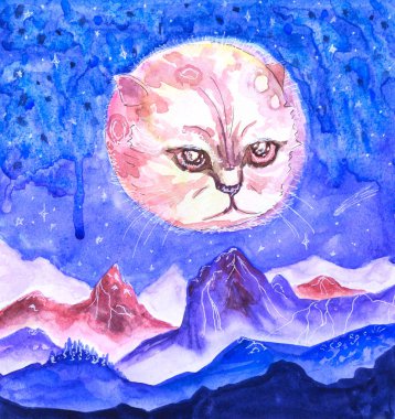 Sevimli bir kedi ayı. Suluboya ve mürekkeple çizilmiş yaratıcı kavramsal gece fantezi eli