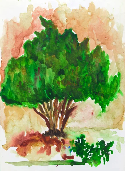 Hand drawn gouache tree. Summer landscape sketch.