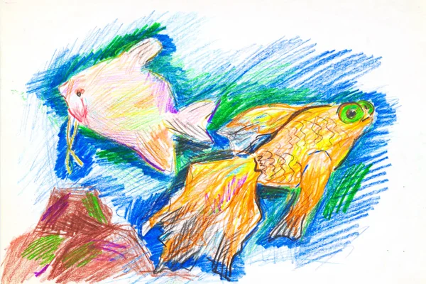 Bright Tropical Fishes Hand Drawn Color Pencils — 스톡 사진