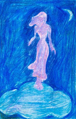 Pink silhouette of Venus on a blue cloud, hand drawn by color pencils clipart