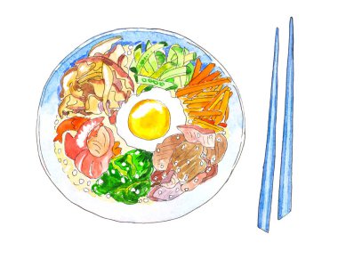Güzel bir el çizilmiş suluboya bibimbap. Beyaz arka planda ayrı bir Kore yemeği..