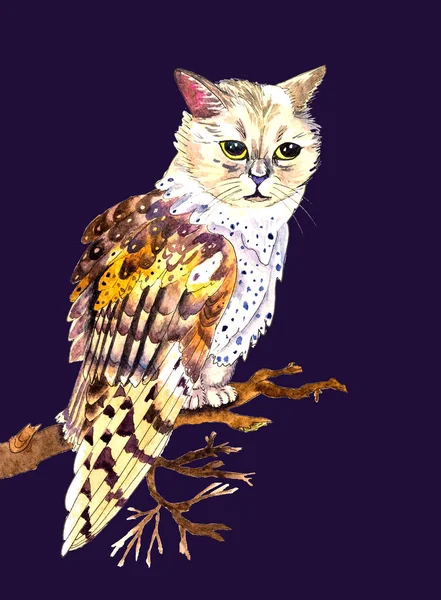 Şirin, fantastik bir baykuş-kedi yaratığı. El yapımı suluboya melez, koyu mor arka planda izole edilmiş. Cadılar Bayramı kartı. Peri masalı karakteri. Yaratıcı suluboya.