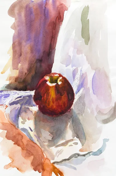 A beautiful red apple on white cloth folds in art studio. Still life hand drawn with wax crayons and watercolor