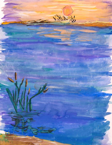 湖に沈む夕日 手描きのガッシュの風景 — ストック写真