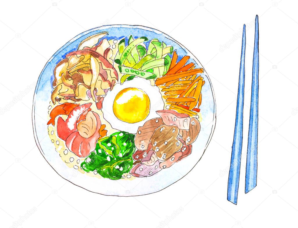 A beautiful hand drawn watercolor bibimbap. Isolated Korean food meal on white background.