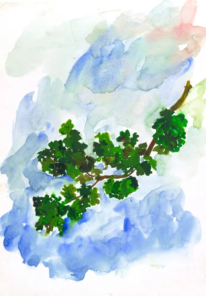 Egy Fényes Zöld Tölgyfa Kék Nyári Alatt Egy Kézzel Rajzolt — Stock Fotó