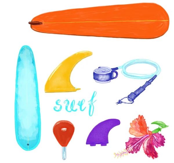 Hand Drawn Digital Surf Equipment Set Longboards Retro Shape Board — 스톡 사진