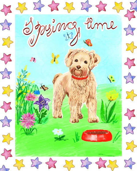 Веселий Лабрадодл Весняному Саду Рука Намальована Листівка Собакою Зеленому Газоні — стокове фото