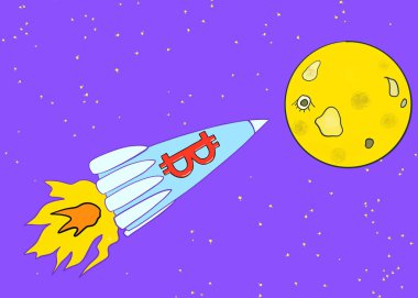 Kozmosta bitcoin olan bir roket. Bitcoin artıyor. Ay 'a. Kripto para biriminin büyümesi.