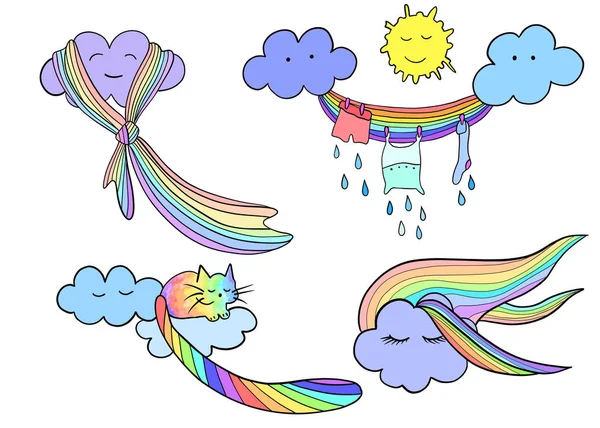 A cute conceptual clouds set. A rainbow scarf, sky laundry, a rainbow cat and rainbow hair, isolated on white background.