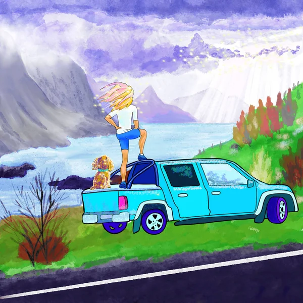一位单身女性旅行者站在一辆满载着蓬松焦糖拉布拉多狗的车上欣赏风景 徒步旅行的人手绘风景 — 图库照片