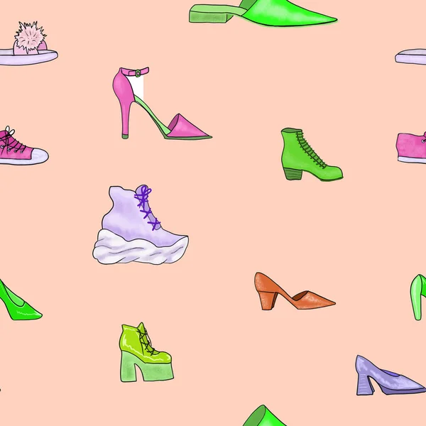 Green Pink Female Shoes Seamless Pattern Beige Background 2020 Trend — Stock Photo, Image