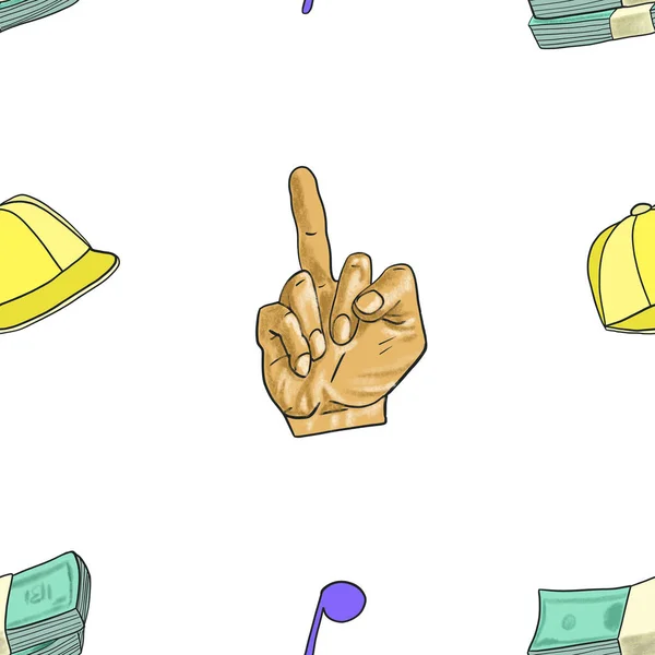 A cartoon style rapper hip-hop seamless pattern. Isolated hooligan set with 'fuck you' sign, money, cap and notes, isolated on white background.