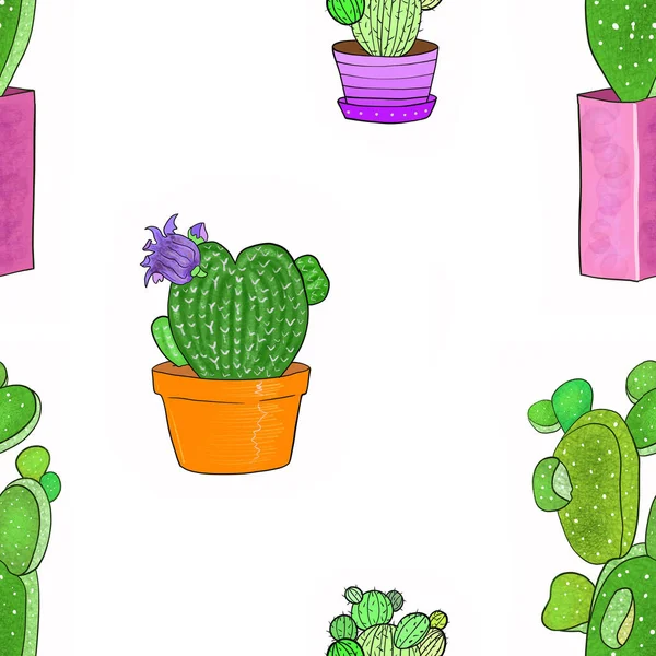 Cactusin Pots Seamless Pattern Isolated White Background — Stock Photo, Image