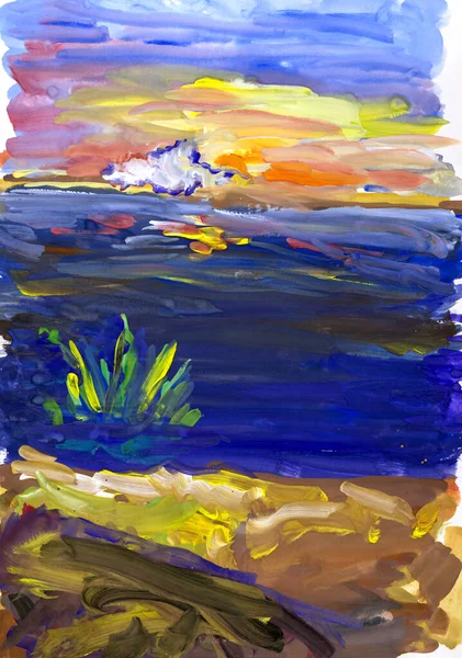 田舎の湖と黄金の夕日を描いた美しい手描き — ストック写真