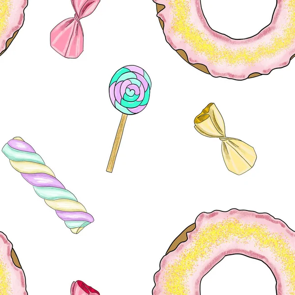 Seamless Pattern Donut Sweets Marshmallow Lollipop Isolated White Background Hand — Stock Photo, Image