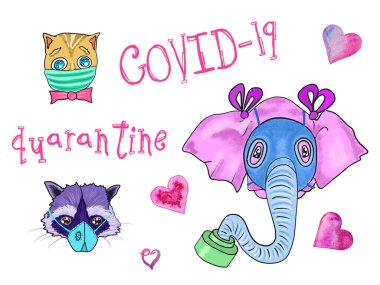 COVID-19 karantinası sırasında maskeli şirin hayvanlar beyaz arka planda izole edilmiş..