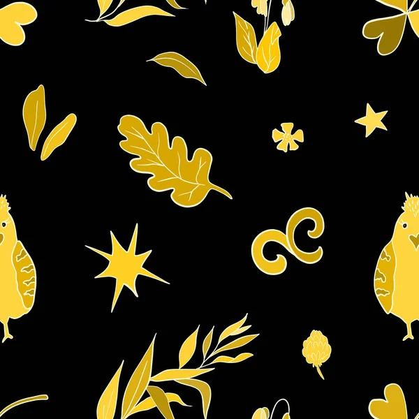 Golden Stars Flowers Leaves Parrot Black Background Seamless Pattern Design — Stock Photo, Image