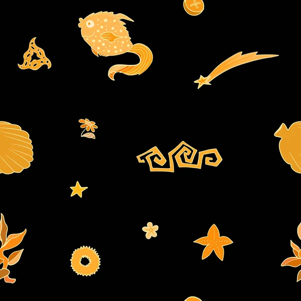 Golden fish, stars, shell and doodles on black background. Art deco style seamless pattern for children.