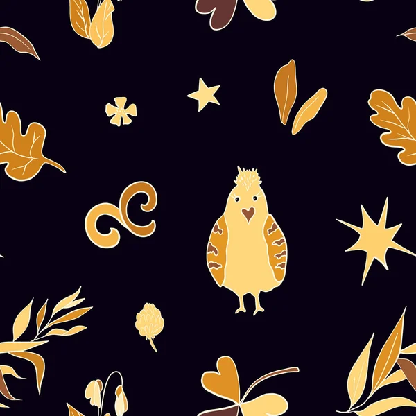 Cute Bird Leaves Art Deco Gatsby Style Golden Black Background — Stock Photo, Image