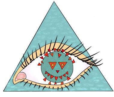 COVID 19 üçgendeki bir göz bebeği gibi. Mason 'ın işareti Corona virüsü ikonu da içeriyor. El çizimi, beyaz arka planda izole edilmiş..