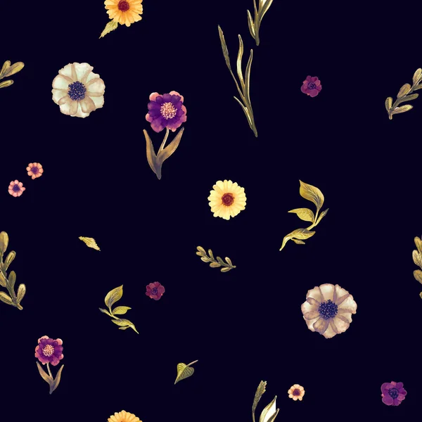 Patrón Sin Costura Floral Dibujado Mano Sobre Fondo Azul Oscuro — Foto de Stock